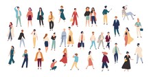 Crowd Of Tiny People Wearing Stylish Clothes. Fashionable Men And Women At Fashion Week. Group Of Male And Female Cartoon Characters Dressed In Trendy Clothing. Flat Colorful Vector Illustration.