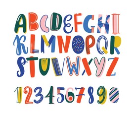 Bright colored hand drawn latin font or english alphabet for kids decorated with scribble. Funny letters arranged in alphabetical order and figures isolated on white background. Vector illustration.