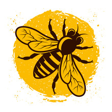 Honeybee On Background With Yellow Grunge Spot
