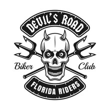 Biker Club Emblem With Devil Skull And Tridents