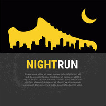 Abstract Vector Poster - Running, Sport Shoe And The City Outline. Night Run Marathon