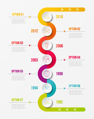 Colourful company timeline with round business icons. Vector.