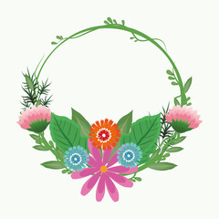 Sticker - Decorative round frame pink flowers with leaves vector illustration graphic design