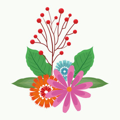 Sticker - Beautiful pink flowers with leaves vector illustration graphic design