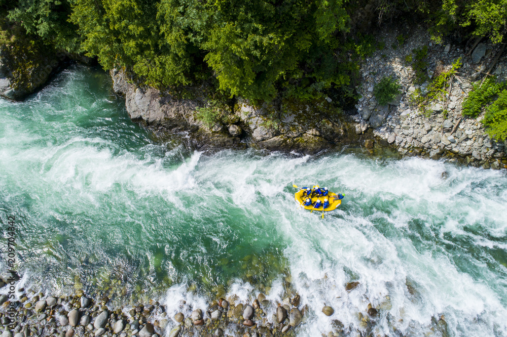 White water rafting on alpine river. Sesia river, Piedmont, Italy. - obrazy, fototapety, plakaty 