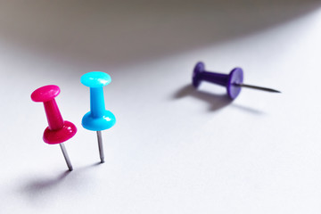 Close-up of two standing blue and red colored push pins and one overturned purple pin on a white background with dramatic shadow and copy space    