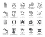 Fototapeta  - Set of biometric buttons. 10 icons in linear and glyph designs. Authorization, identification and verification symbols. Fingerprint recognition, eye and palm scanning, face and voice authentication