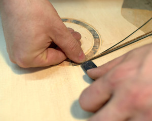 Wall Mural - The guitar master installs  rosette in a classical guitar.