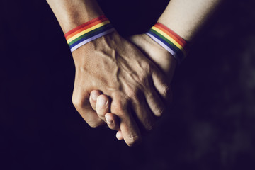 Sticker - men holding hands with rainbow-patterned wristband