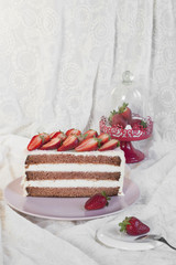 Canvas Print - Homemade cake with strawberries and cream-cheese and white chocolate ganache cream.