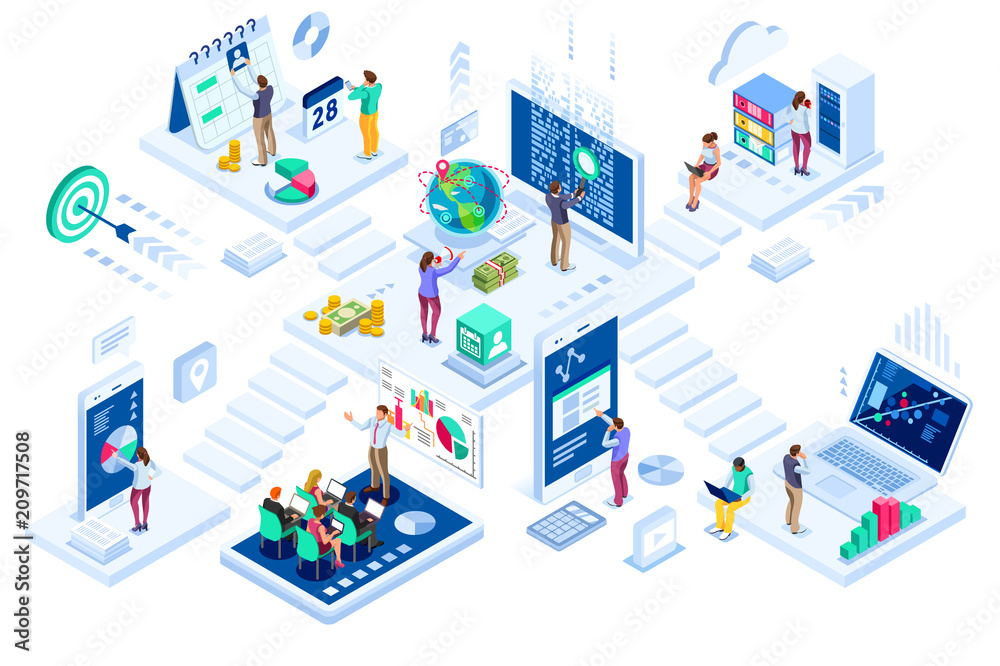 Investment and virtual finance. Communication and contemporary marketing. Future and office devices working on investments. Infographic for web banner, hero images. Flat isometric vector illustration. - obrazy, fototapety, plakaty 