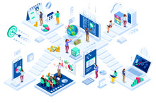 Investment And Virtual Finance. Communication And Contemporary Marketing. Future And Office Devices Working On Investments. Infographic For Web Banner, Hero Images. Flat Isometric Vector Illustration.