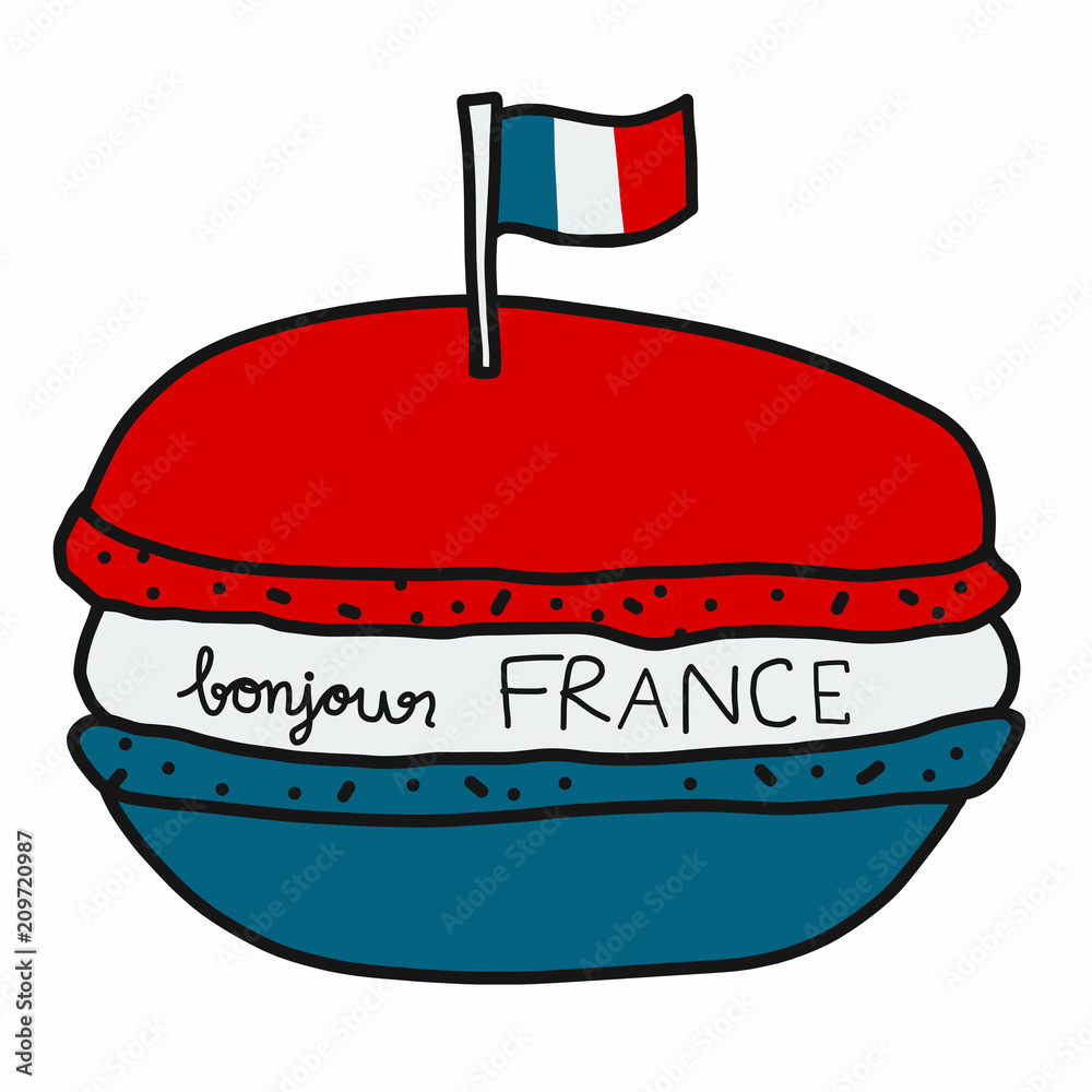 Bonjour (mean good morning in English) France word and macaron cartoon  vector illustration Stock Vector | Adobe Stock, image size:1000x1000