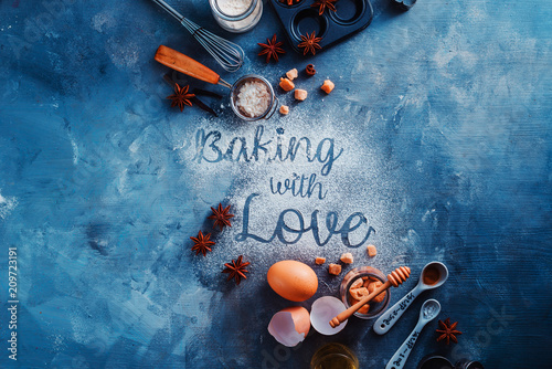 Fotomural Header with baking tools and ingredients on a stone kitchen table