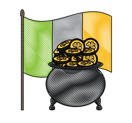 ireland flag with pot of gold with coins over white background, vector illustration