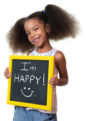 Wall Mural - Cute african american girl laughing and holding a sign with a happy phrase