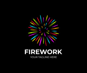 Multi colored firework logo template. Salute fireworks vector design. Colorful flash logotype