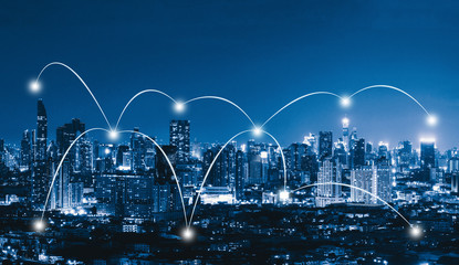 Poster - Smart city and connection lines. Internet concept of global business, Bangkok, Thailand.