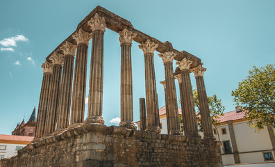 architectural detail of the Roman Temple of Evora or Temple of Diana in Portugal