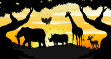 Silhouette Safari Scene At Dawn