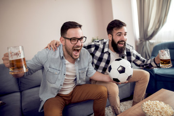 Poster - Friends enjoying soccer on TV