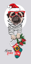 Christmas Card. Pug Dog In A Striped Cardigan, In A Red Santa's Cap, Glasses And With A Funny Sock, Wreath. Vector Illustration.