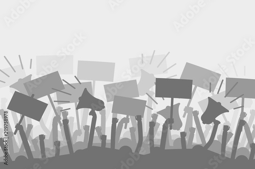 Fotomural Political protest with silhouette protesters hands holding megaphone, banners and flags