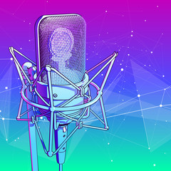 Wall Mural - A professional microphone on a pink blue technological background is surrounded by a sound wave. Atmosphere of sound recording studio, chamber concert, night disco club or karaoke club / vector