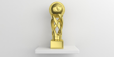 Wall Mural - Soccer football golden trophy on a shelf, white wall background. 3d illustration