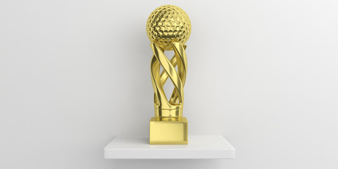 Wall Mural - Golf golden trophy on a shelf, white wall background. 3d illustration