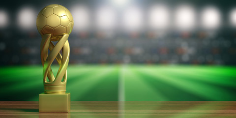 Wall Mural - Soccer football golden trophy on blur stadium background. 3d illustration