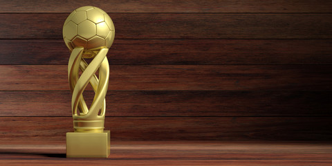 Wall Mural - Soccer football golden trophy on wooden background. 3d illustration