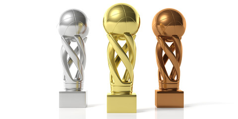 Wall Mural - Basketball golden, silver and bronze trophies isolated on white background. 3d illustration