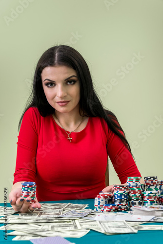 Gambling conception, woman with dollars and casino chips плакат