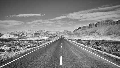 Black and white picture of a scenic road, Capitol Reef National Park, Utah, USA.