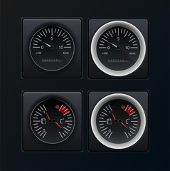 Poster - Automotive or aviation instrument panel instruments, on a dark background.The images of the devices are grouped. Analog devices. Vector image.