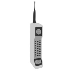 Poster - Old gray bulk cellular large push-button square retro hipster vintage mobile phone with long antenna.