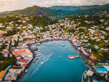 Tropical Caribbean City Port With Boats And Ships Grenada