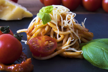 Canvas Print - spaguetis pasta with salsa and cheese, mediterranean creative diet