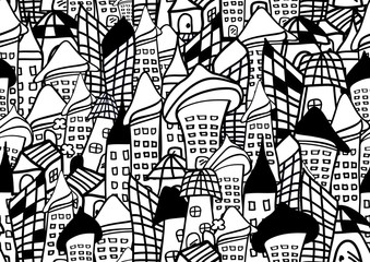  houses and buildings seamless pattern vector black and white background