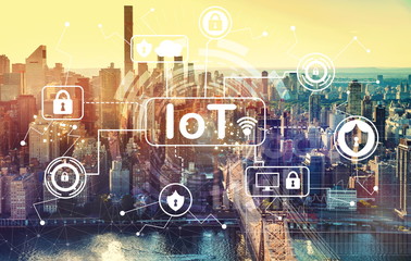 Wall Mural - IoT security theme with aerial view of Manhattan, NY skyline