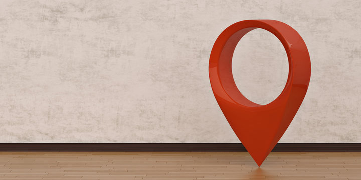 3D location symbol on wooden floor. 3D illustration.