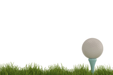 A white golf ball on tee in grass isolated on white background. 3D illustration.