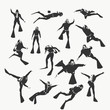 Silhouettes of diver. Set of diver icons. The concept of sport diving.