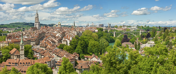 Panorama view of Berne old town from mountain top in rose garden