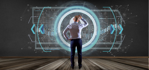 Poster - Man holding a Technology question mark icon on a circle 3d rendering