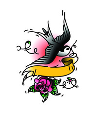 Wall Mural - Tattoo of a bird Swallows without an inscription on a ribbon, and with a rose bud from below. Vector illustration. Tattoo of an American old school. Bird swift with ribbon and flower. Tattoo model for