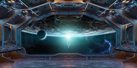 grunge spaceship interior with view on planet earth 3d rendering