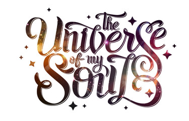 Wall Mural - lettering. typography design on abstract open space background. starfield, universe, nebula in galax