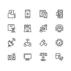 Poster - Electronics icons. Set of line icons. Mobile phone, data storage, satellite. Modern technology concept. Vector illustration can be used for topics like mobile service, apps, digital devices.